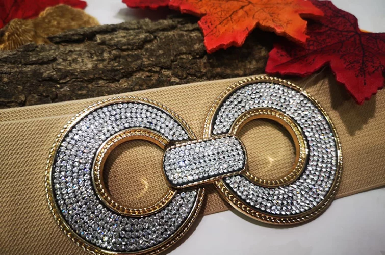 gros plan sur boucle de ceinture femme fantaisie parsemée de brillants
