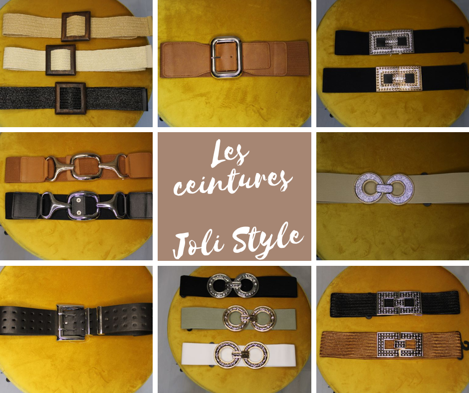 Composition graphique de la boutique Joli Style avec plusieurs ceintures féminines posées sur un présentoir jaune